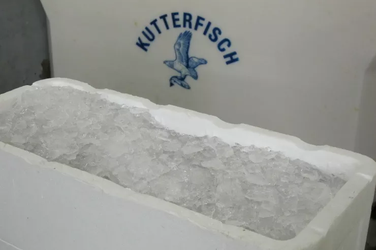 Esta imagen muestra hielo en cajas de pescado de poliestireno para almacenamiento en frío.