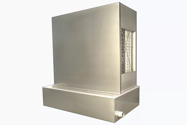 The image shows a Baudelot ice water cooler operating in gravity mode, featuring a split water collection tank for efficient separation and drainage.